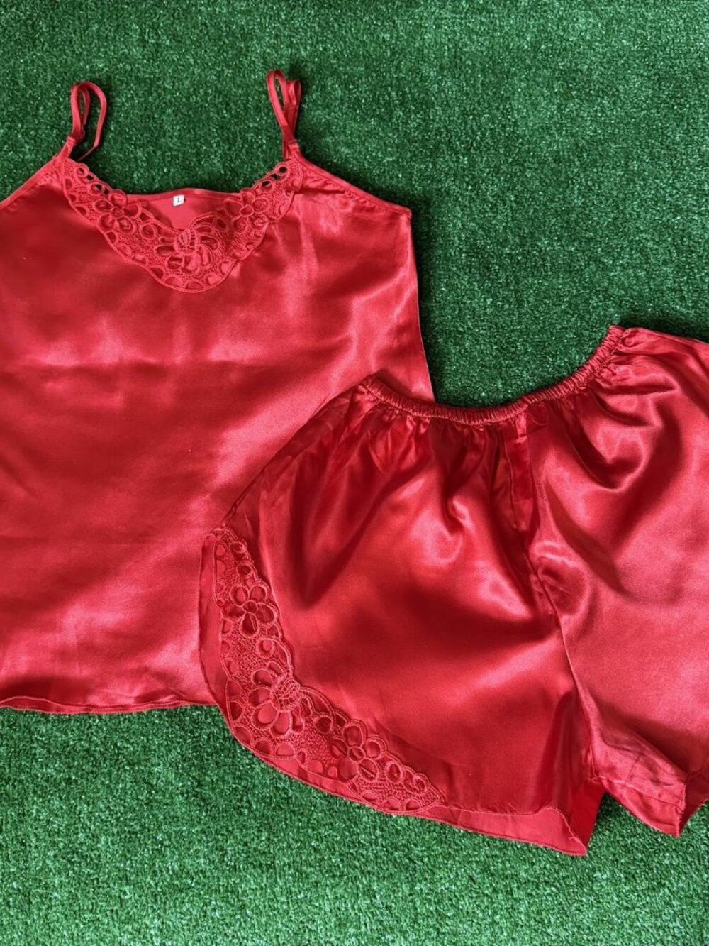Red Satin Lace Pajama Set Women Size L Sleeveless Cami Shorts Sleepwear Lingerie